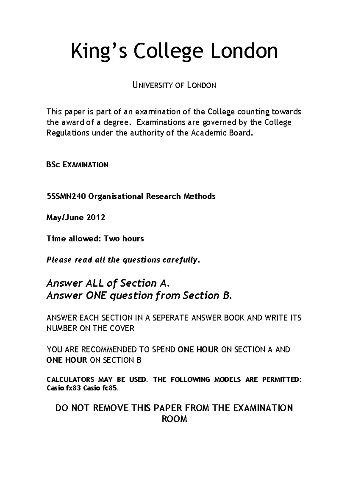 Exam 2012, Questions - King’s College London UNIVERSITY OF LONDON This ...