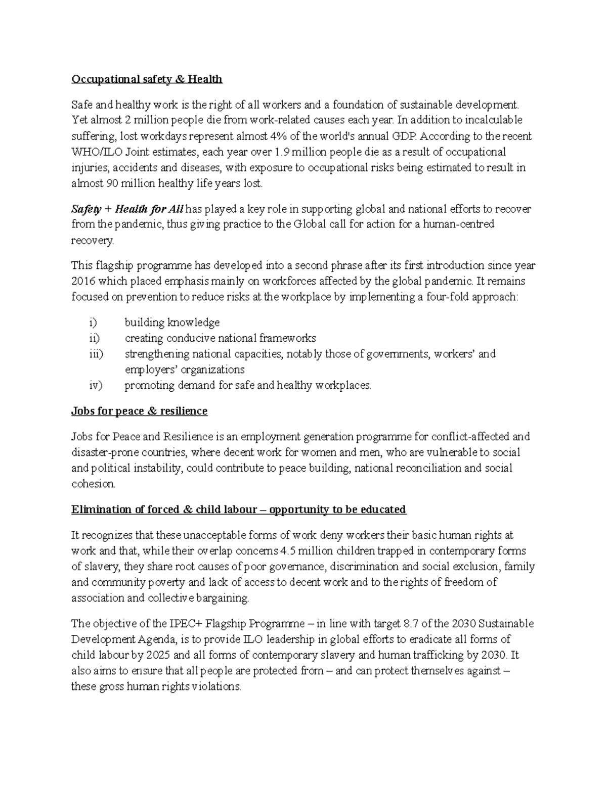 ILO flagship program SUMMARY OF ILO Occupational safety & Health