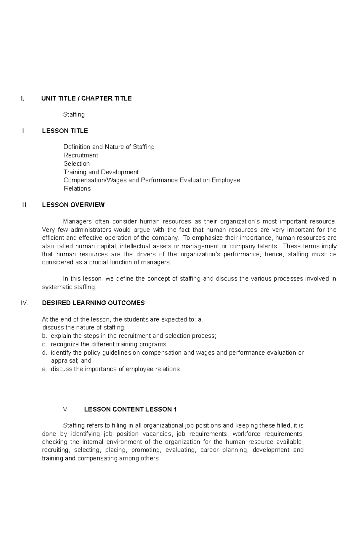 Org Management Module 1 - I. UNIT TITLE / CHAPTER TITLE Staffing II ...