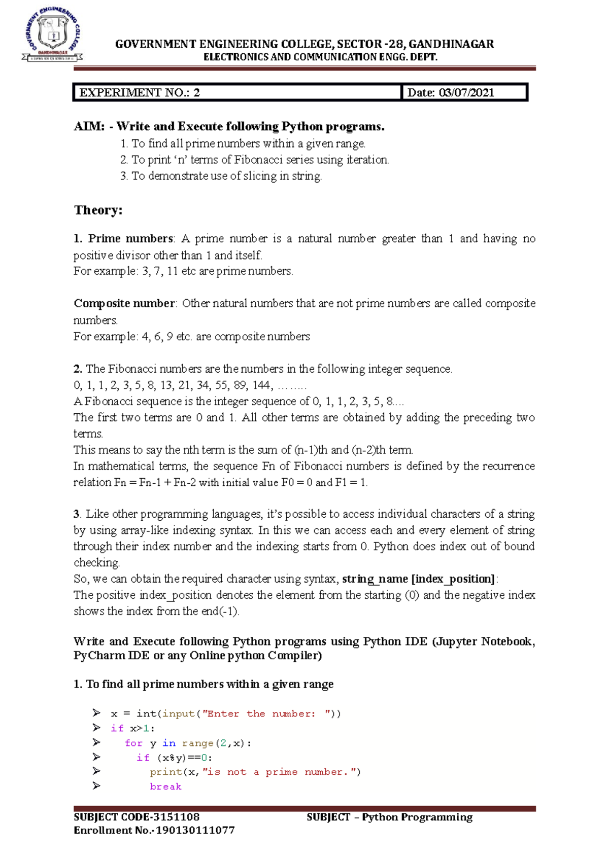 Exp no - Python programming exp 2 GEC gandhinagar. Please find uploaded ...