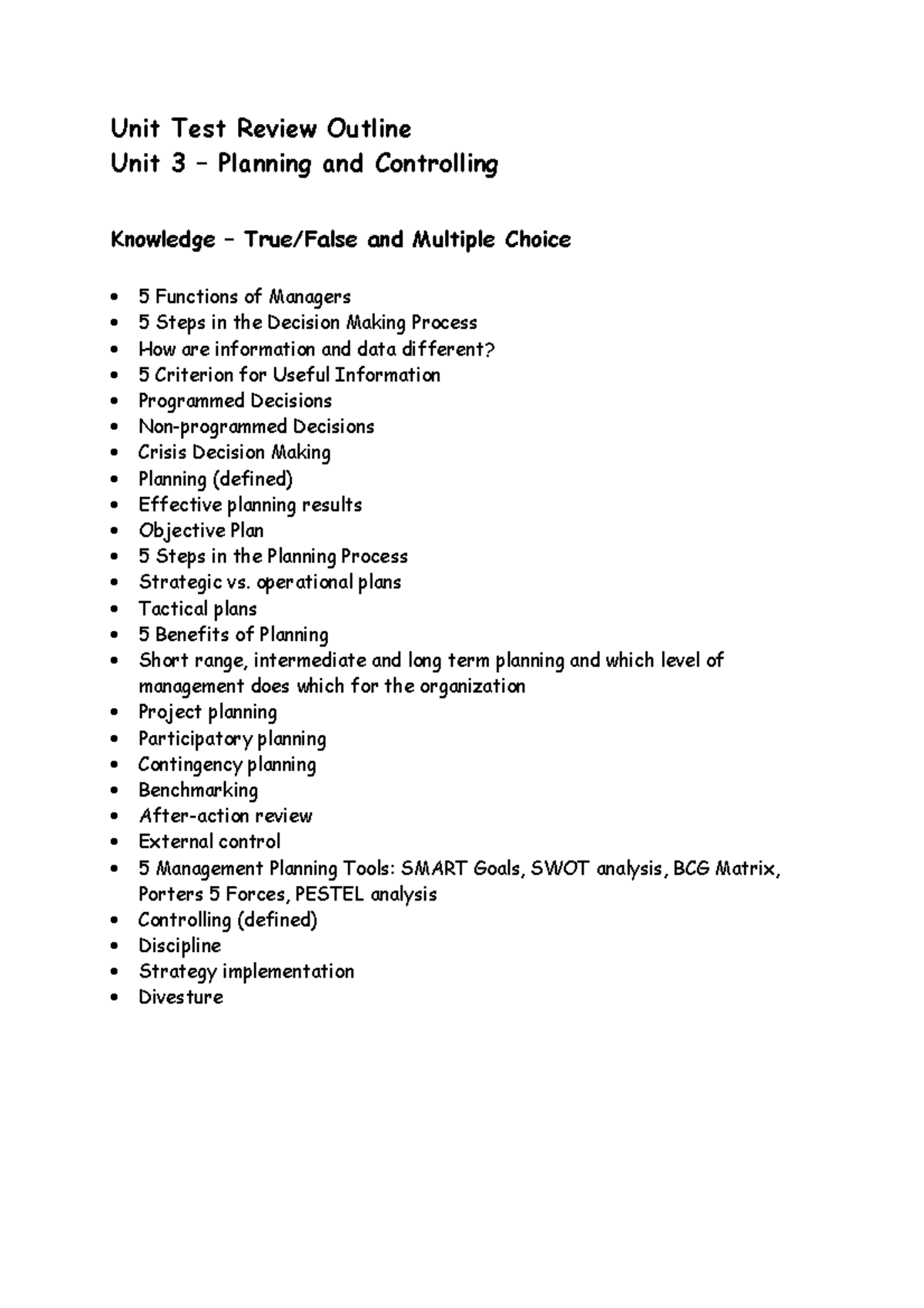 Unit 3 Test Review notes Unit Test Review Outline Unit 3 Planning