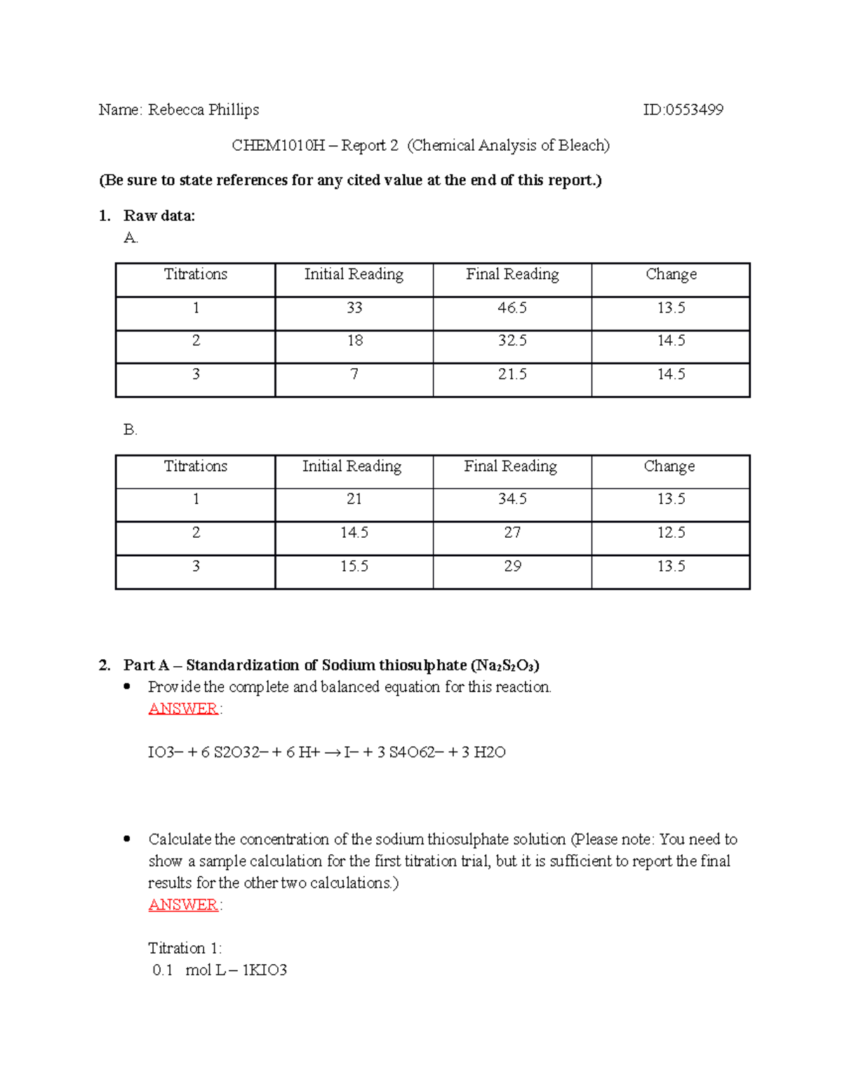 Chem(2) Lab Report 2 - Name: Rebecca Phillips ID:0553499 CHEM1010H ...