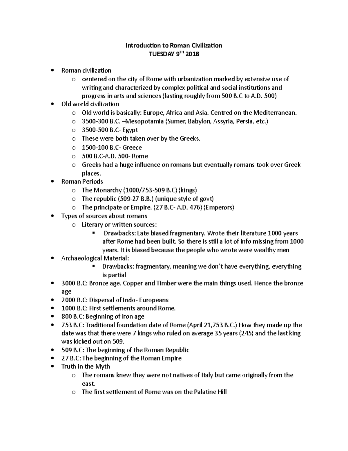 Week 1 - Lecture notes 1 - Introduction to Roman Civilization TUESDAY ...