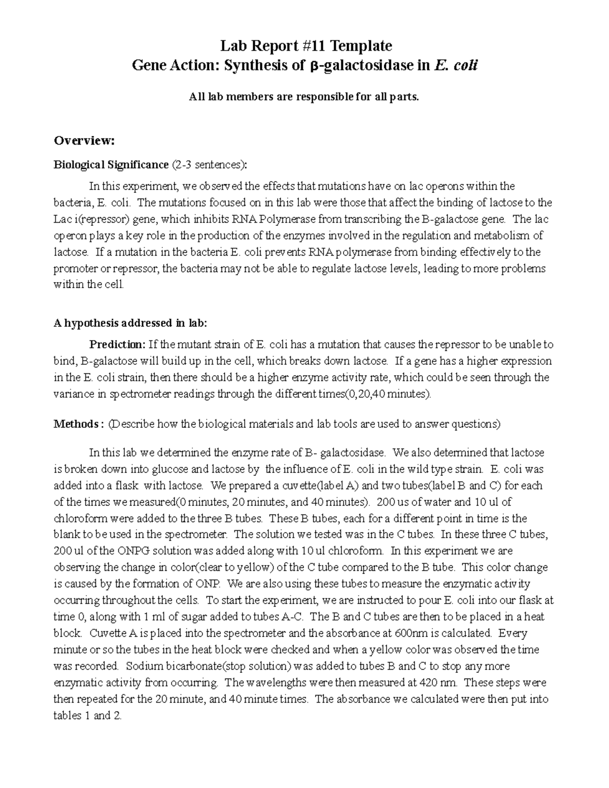 BIO 161 Lab Report 11 - Synthesis Of β-galactosidase In E. Coli - Lab ...