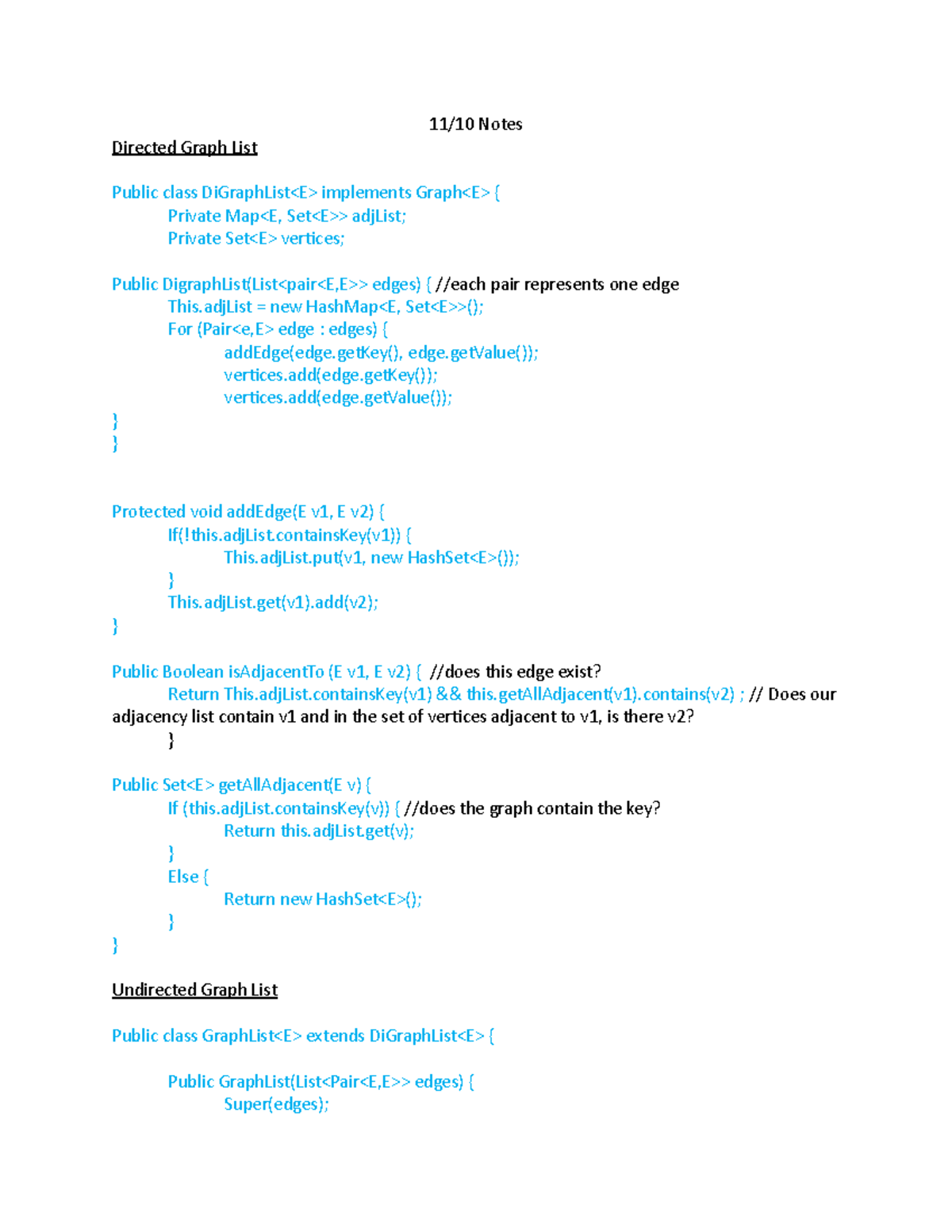 11:10 Notes - 11/10 Notes Directed Graph List Public class DiGraphList ...