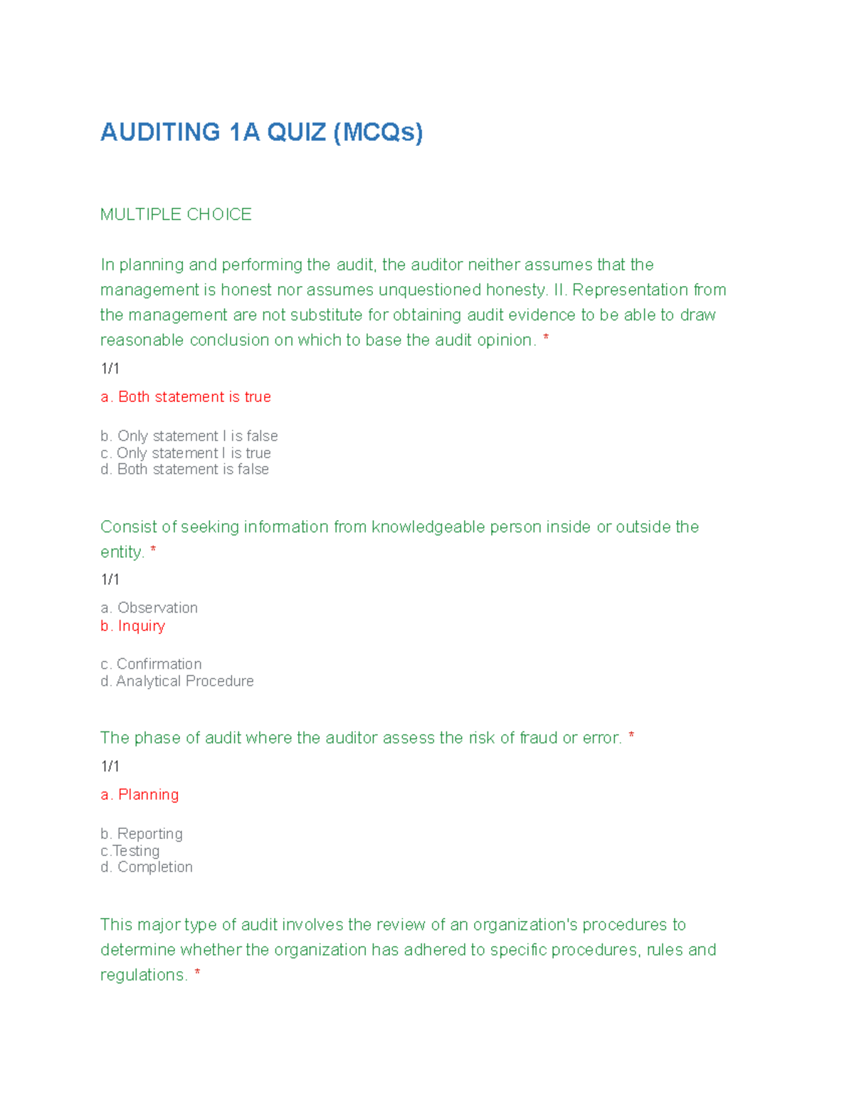 Auditing 1A QUIZ(MCQs) - AUDITING 1A QUIZ (MCQs) MULTIPLE CHOICE In ...