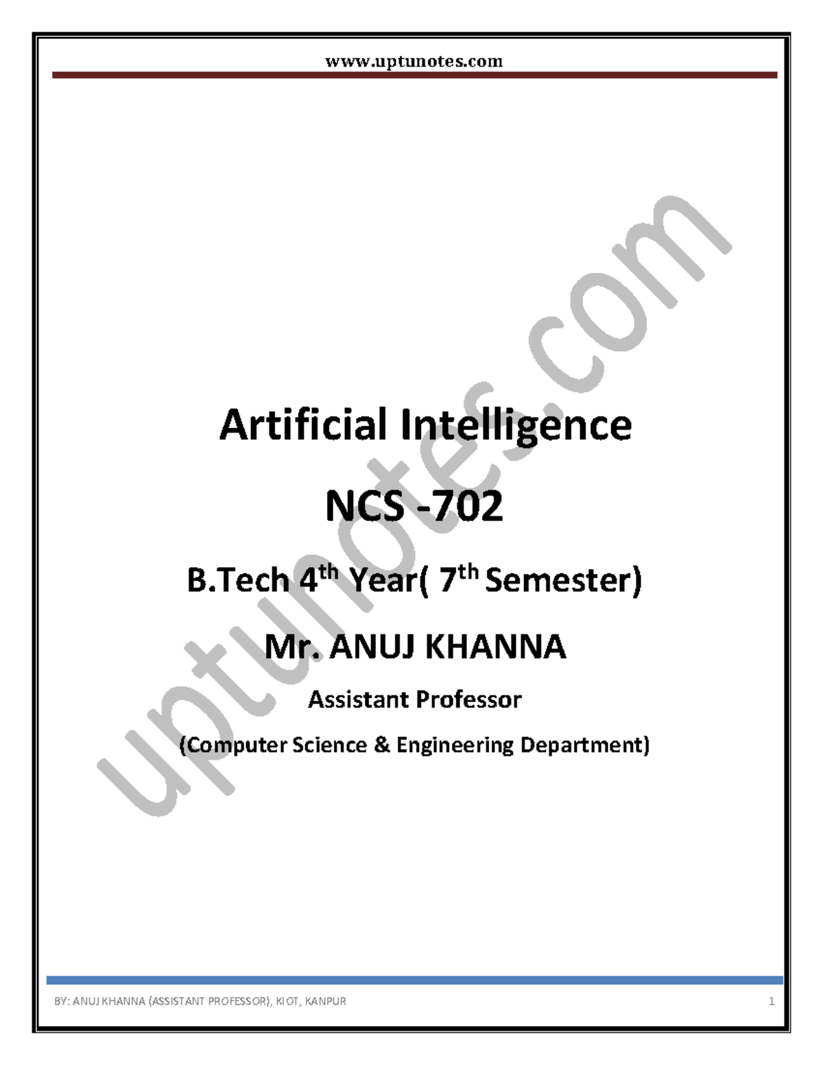 AI ques ans Unit 1 - Lecture notes 1 - Artificial Intelligence NCS - B ...