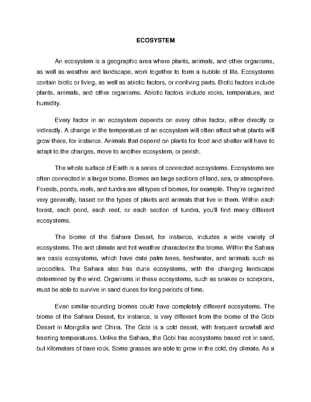 Ecosystem Module - ES 223 - ECOSYSTEM An ecosystem is a geographic area ...