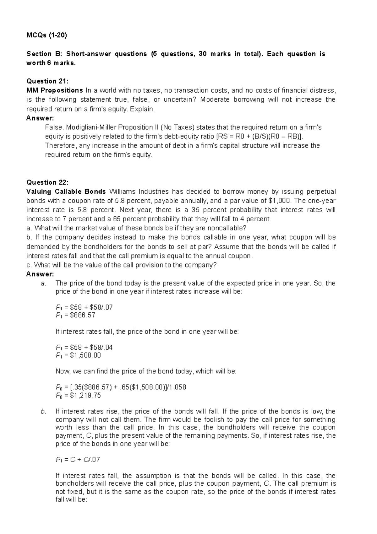 Solutions to Sample Exam ACFI2080-5-1 - MCQs (1-20) Section B: Short ...