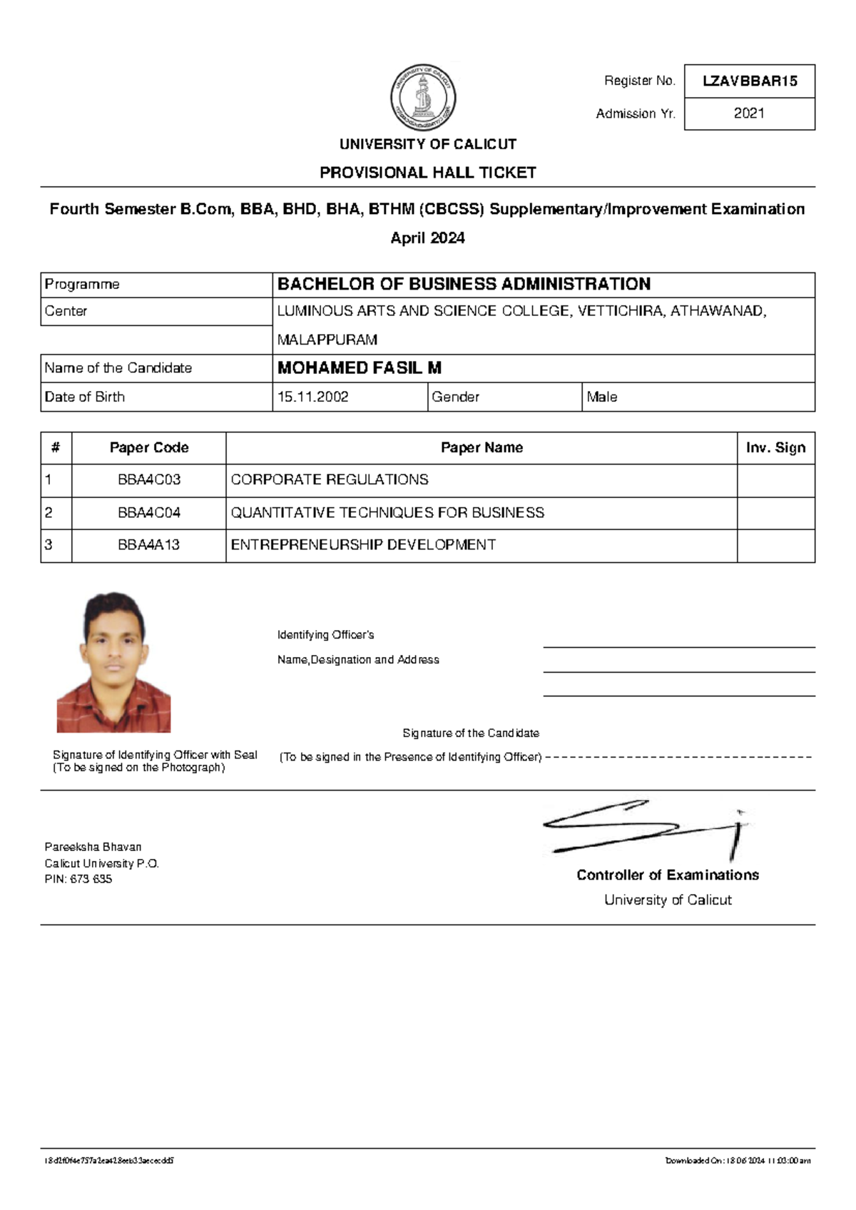Hallticket Lzavbbar 15 18-06-2024 - UNIVERSITY OF CALICUT PROVISIONAL ...