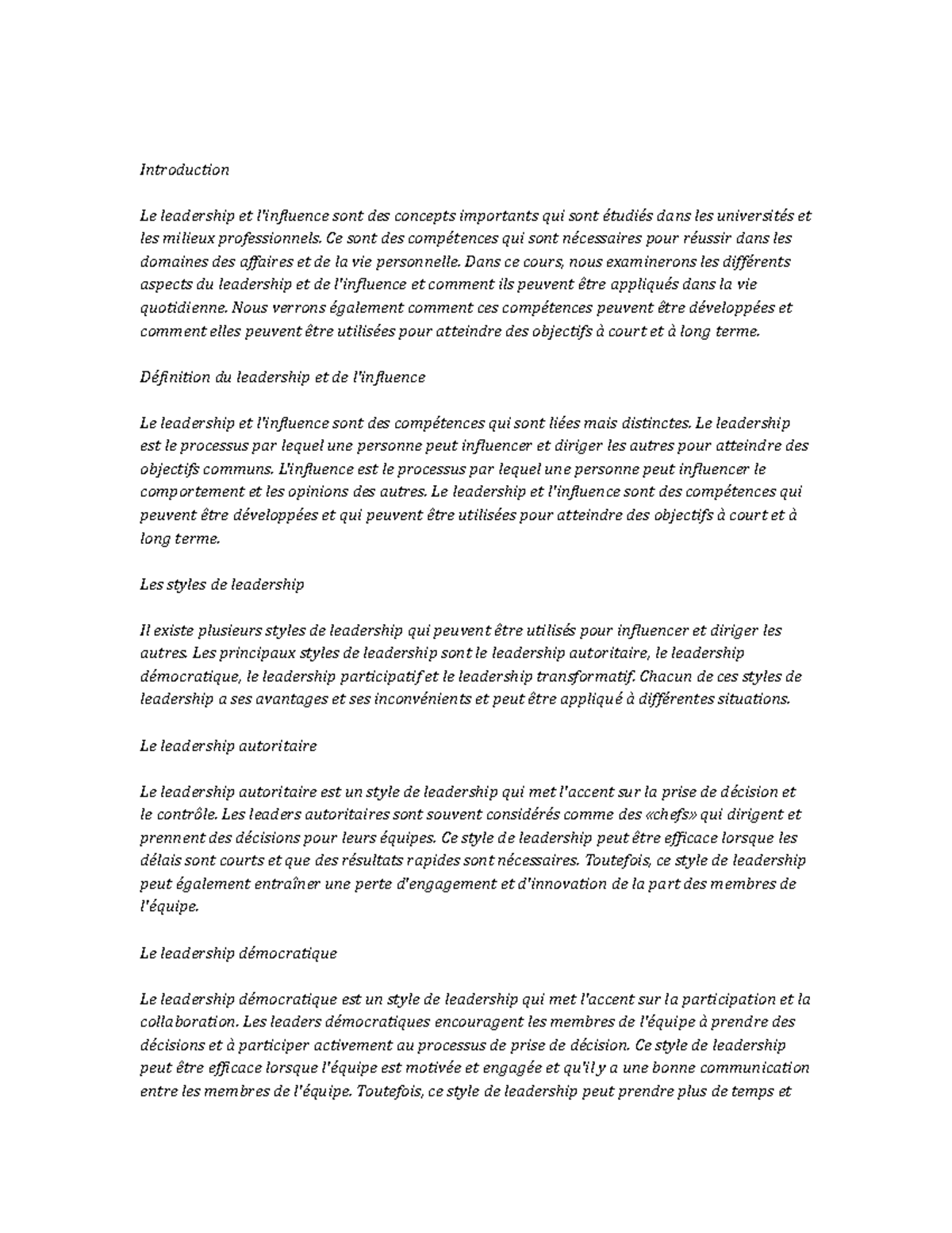 Leadership and Influence note study - Introduction Le leadership et l ...