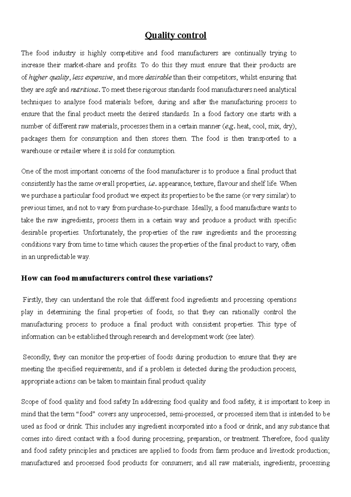 Quality Control - Water Treatments, - Quality control The food industry ...