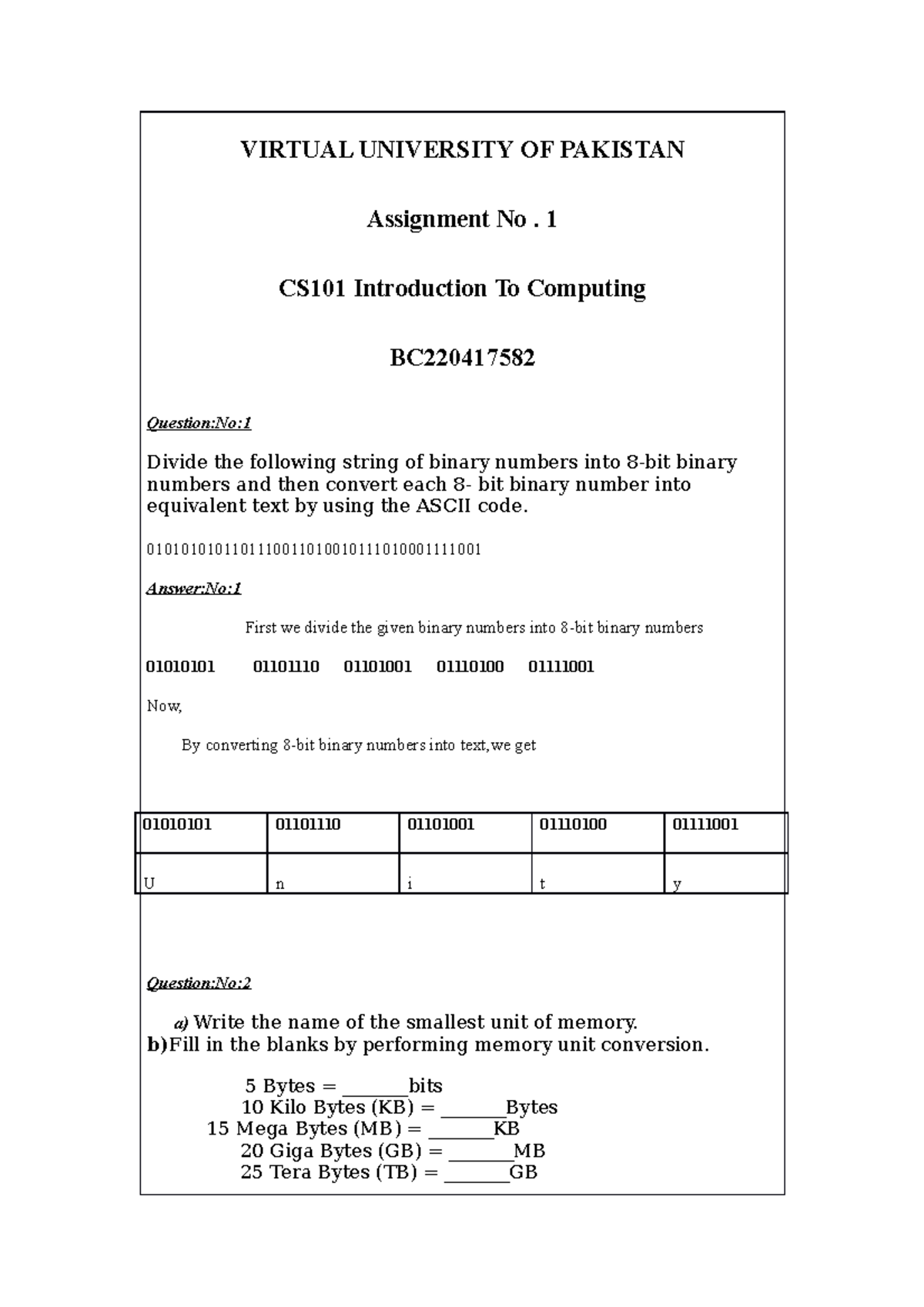 virtual university cs101 assignment