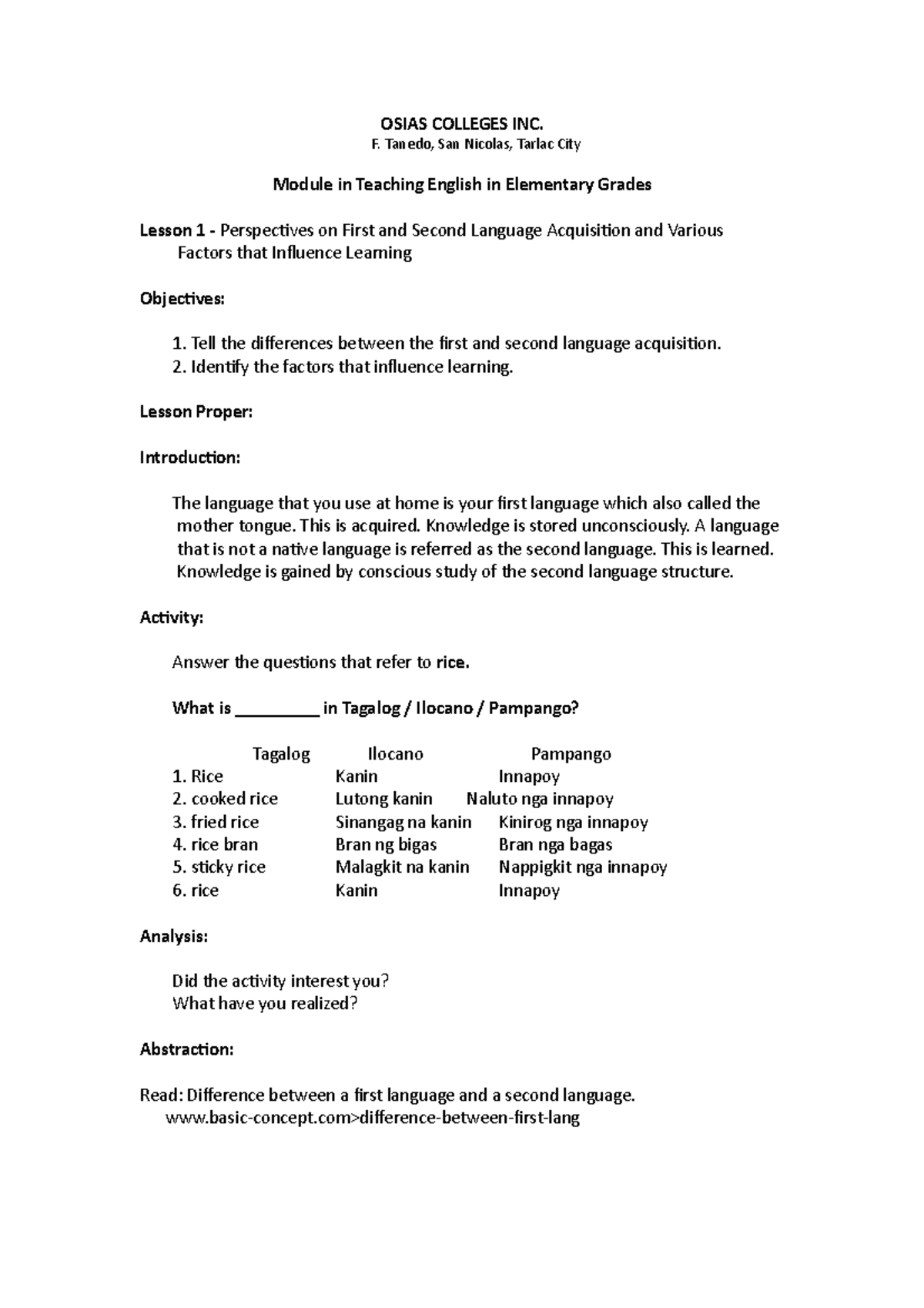 Lesson 1 - Module in Teaching English in Elem. Grades - OSIAS COLLEGES ...