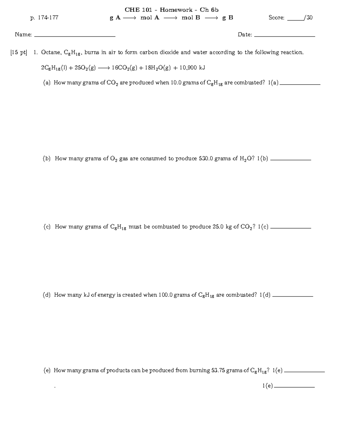 CHE101 Homework - p. 174- CHE 101 - Homework - Ch 6b g A −−−→ mol A −−− ...