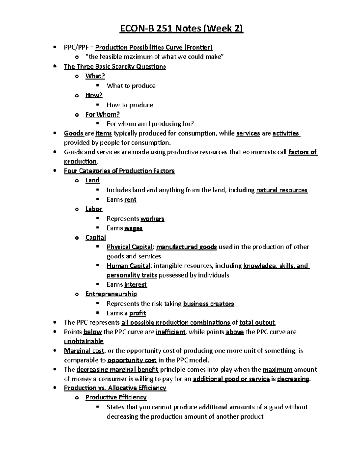 ECON-B 251 Notes (Week 2) - ECON-B 251 Notes (Week 2) PPC/PPF ...