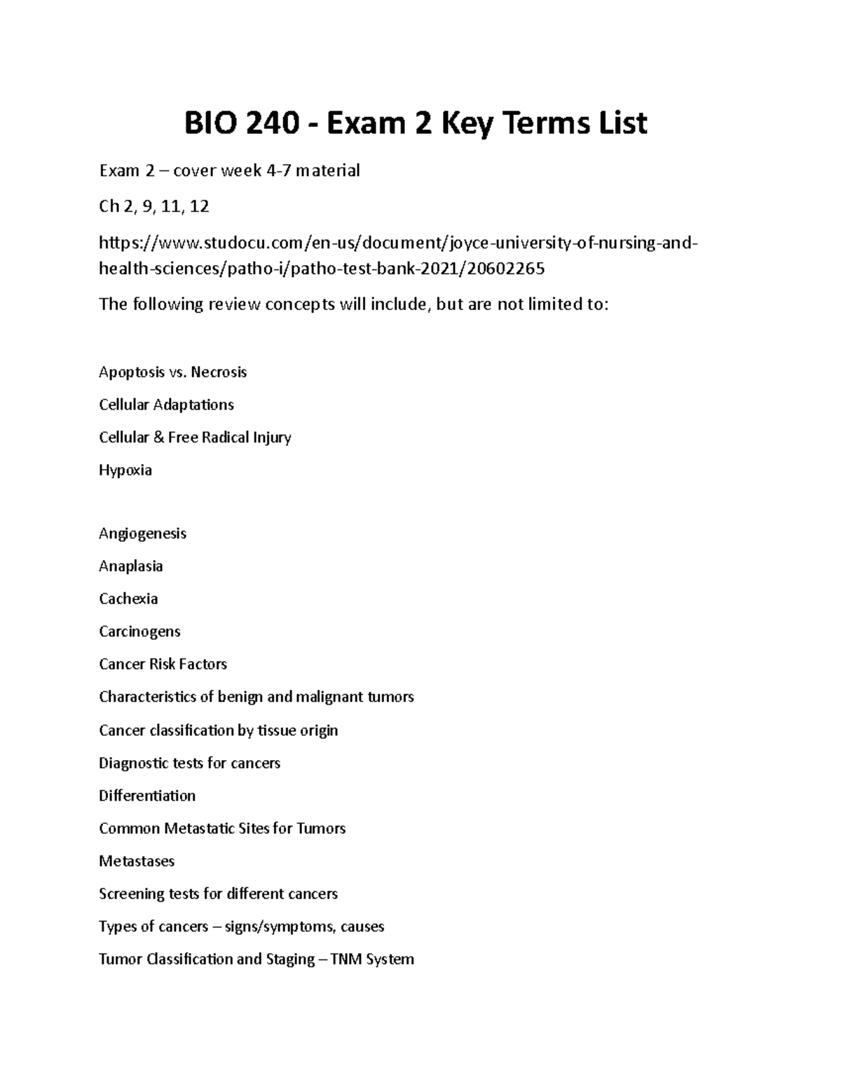 Bio 240 Exam 2 Key Terms List Rev 09 - BIO 240 - Exam 2 Key Terms List ...