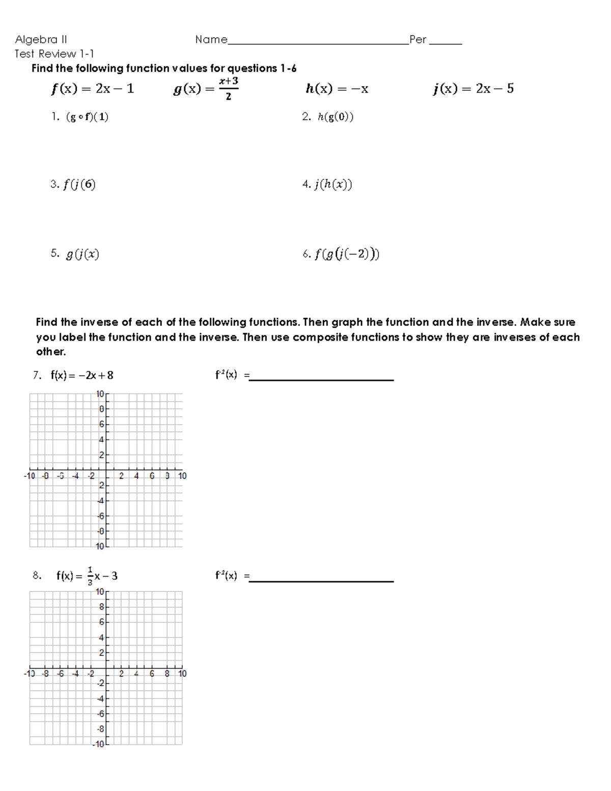 1-1 Test Review - ,jnkj, - Algebra II Name ...