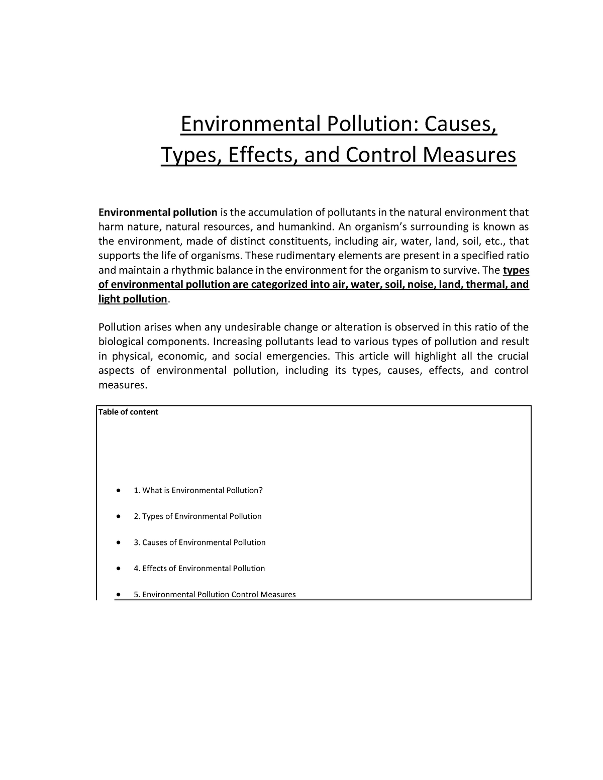 assignment on environmental pollution