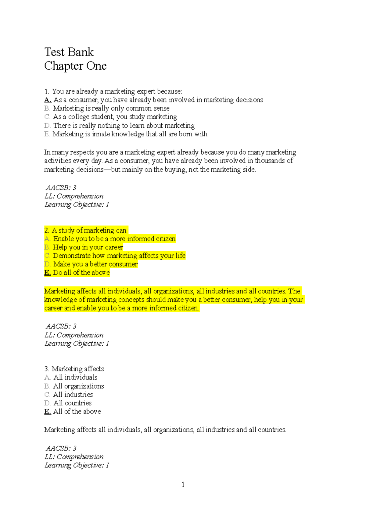 Chapter 1 3e - Marketing Practise - Test Bank Chapter One You Are ...