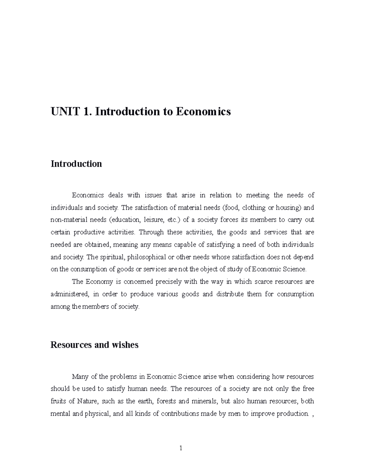 Unit 1 - Lecture Notes 1 - UNIT 1. Introduction To Economics ...