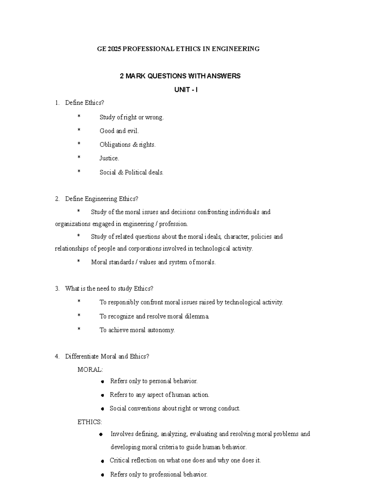 Ethics - Lecture notes 4 - GE 2025 PROFESSIONAL ETHICS IN ENGINEERING 2 ...