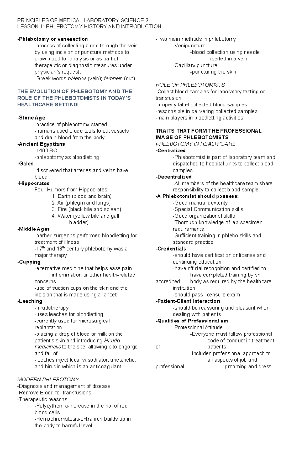 Chapter 1 Phleb History - PRINCIPLES OF MEDICAL LABORATORY SCIENCE 2 ...