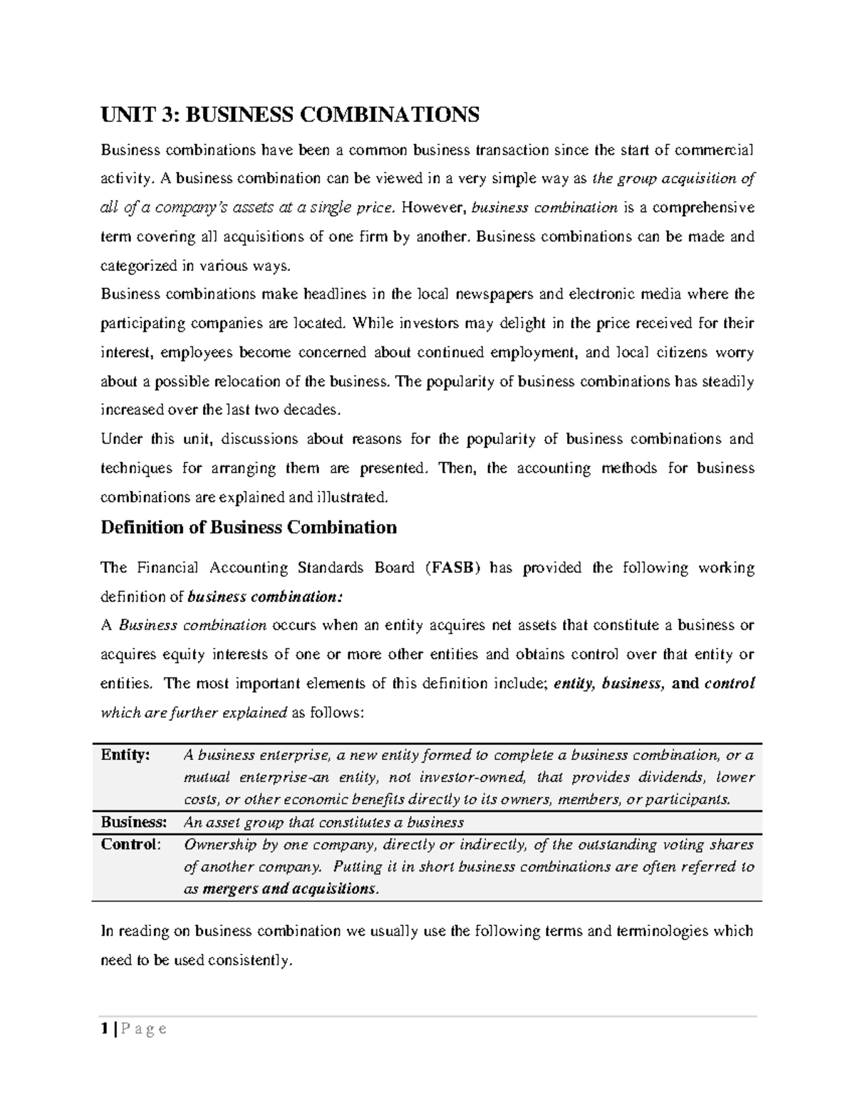 Advance Accounting - Lecture notes 1-19 - UNIT 3: BUSINESS COMBINATIONS ...