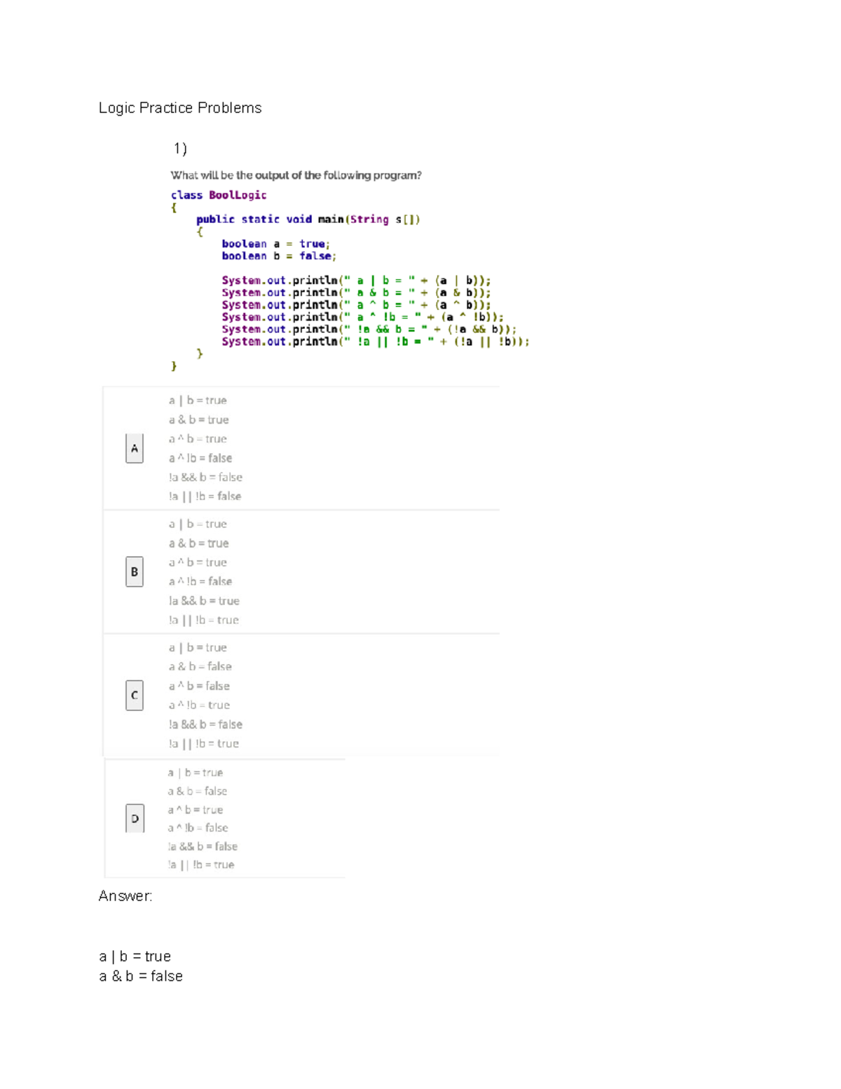Copy of Logic Practice Problems #1 - Logic Practice Problems 1) Answer ...