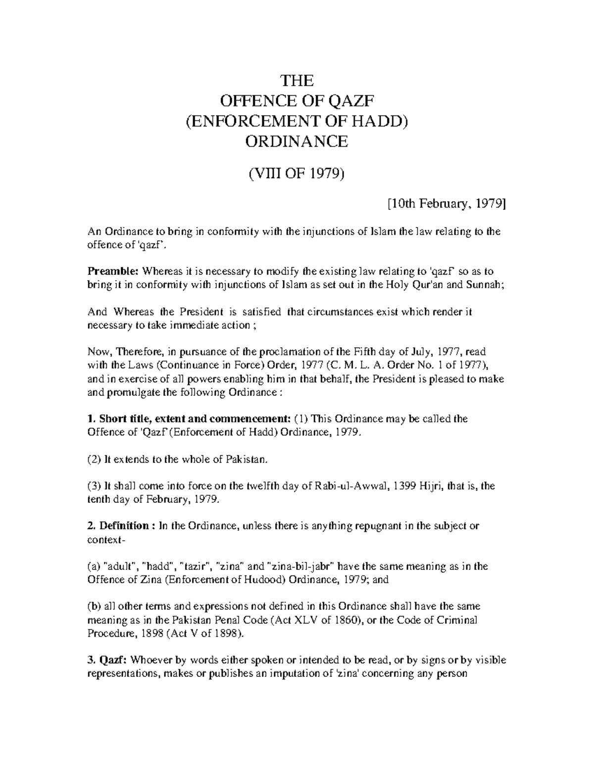 Offence of qazf ordinance 1979 THE OFFENCE OF QAZF (ENFORCEMENT OF