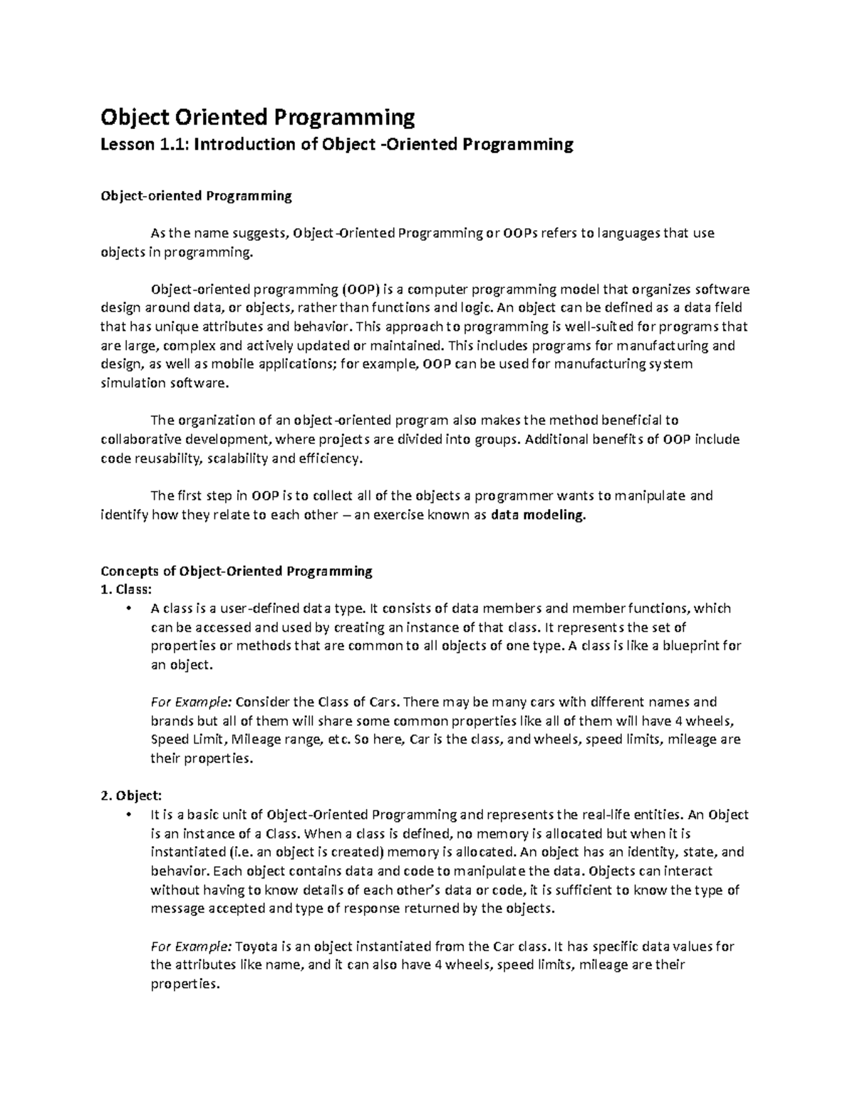 Lesson 1.1 - Introduction of Object Oriented Programming - Object ...