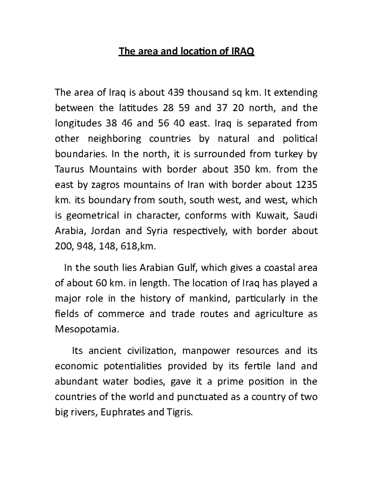 Geographical texts - The area and location of IRAQ The area of Iraq is ...