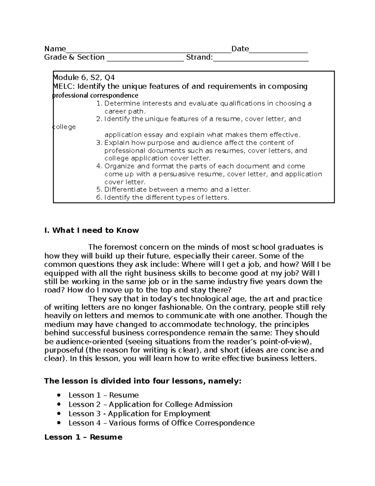 Reading and Writing Module 6 S2 Q4 BS Computer Engineering Studocu
