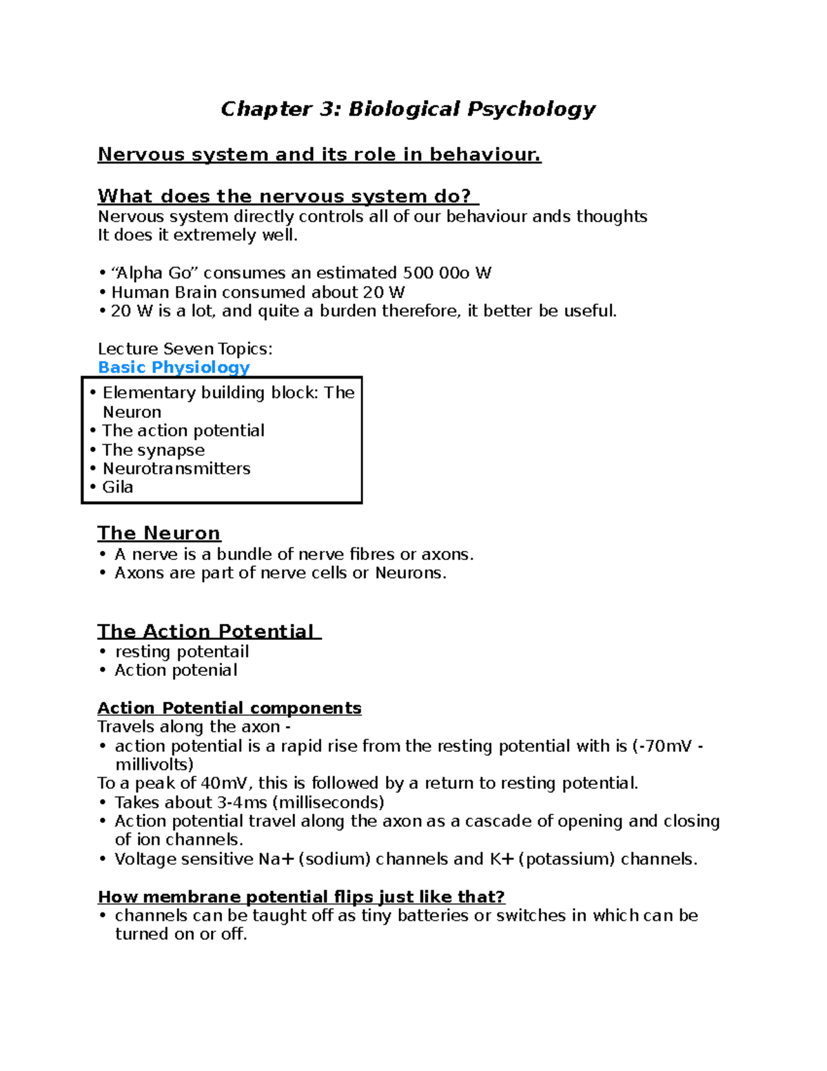 Biological Psychology - Chapter 3: Biological Psychology Nervous System 