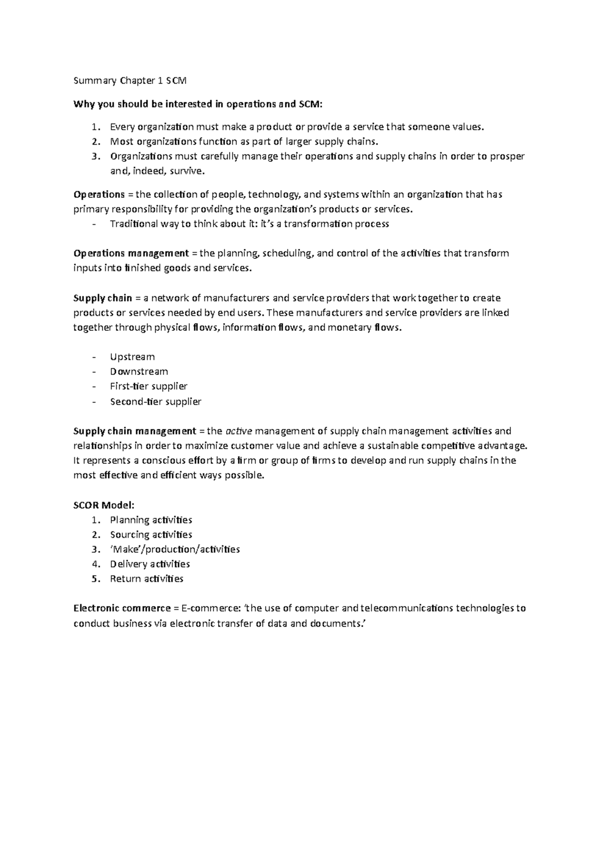 Summary Operations and SCM Chapter 1, 2 and 4 - Summary Chapter 1 SCM ...