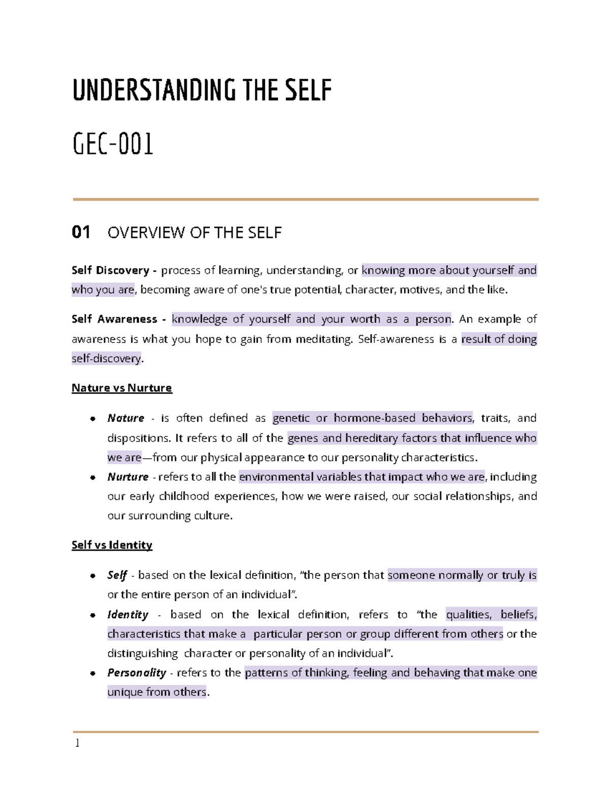 Understanding The Self - UNDERSTANDING THE SELF GEC- 01 OVERVIEW OF THE ...