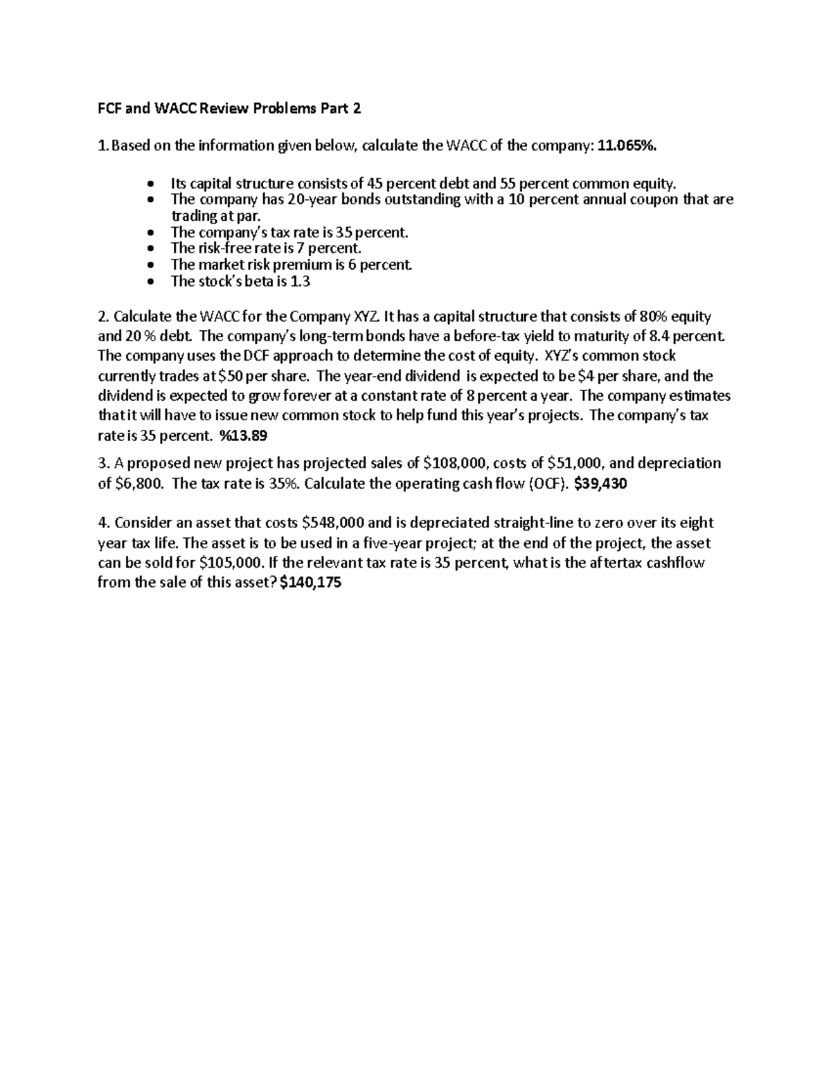 Fcfandwaccreviewproblemspart 2 (1)-1 - FCF and WACC Review Problems ...