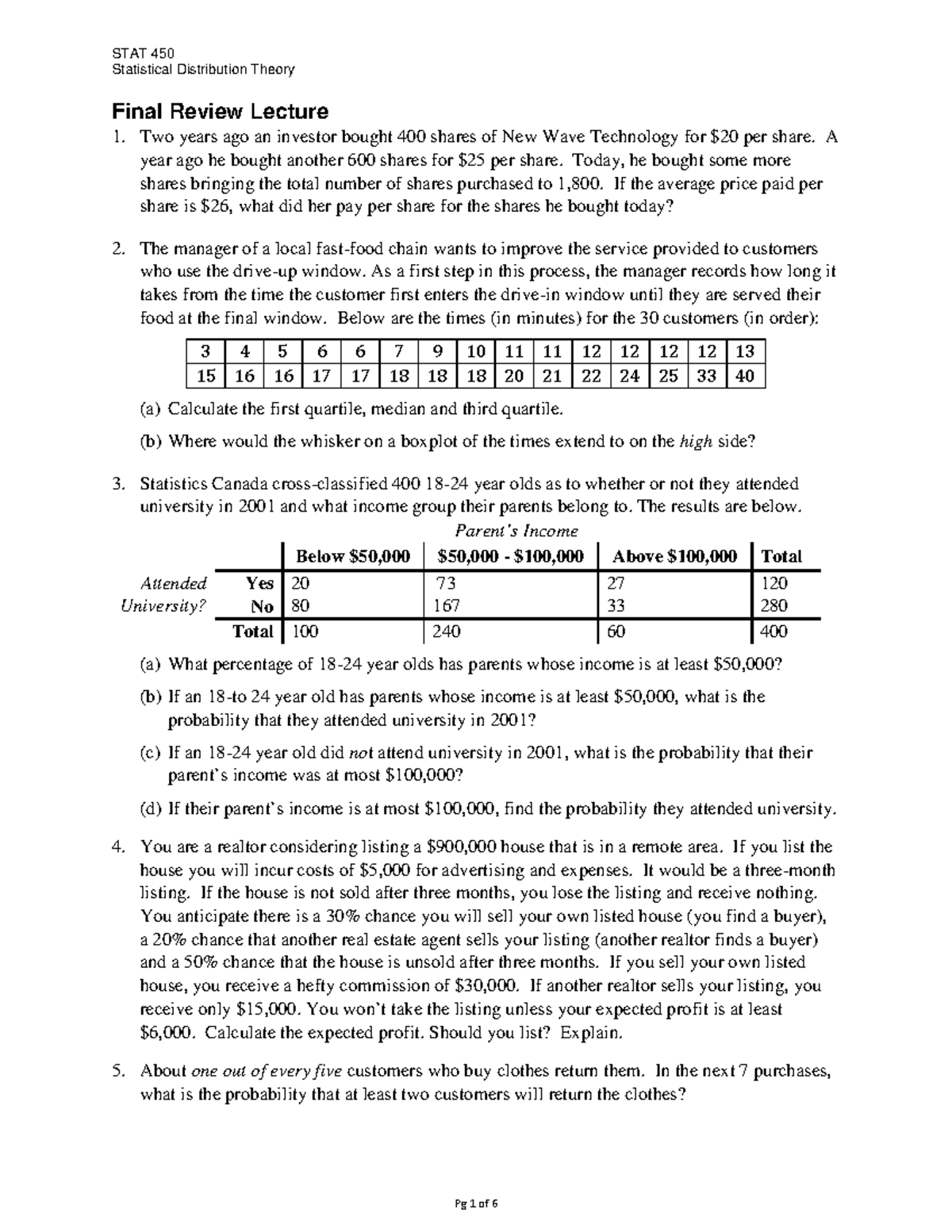 review-final-450-statistical-distribution-theory-final-review-lecture