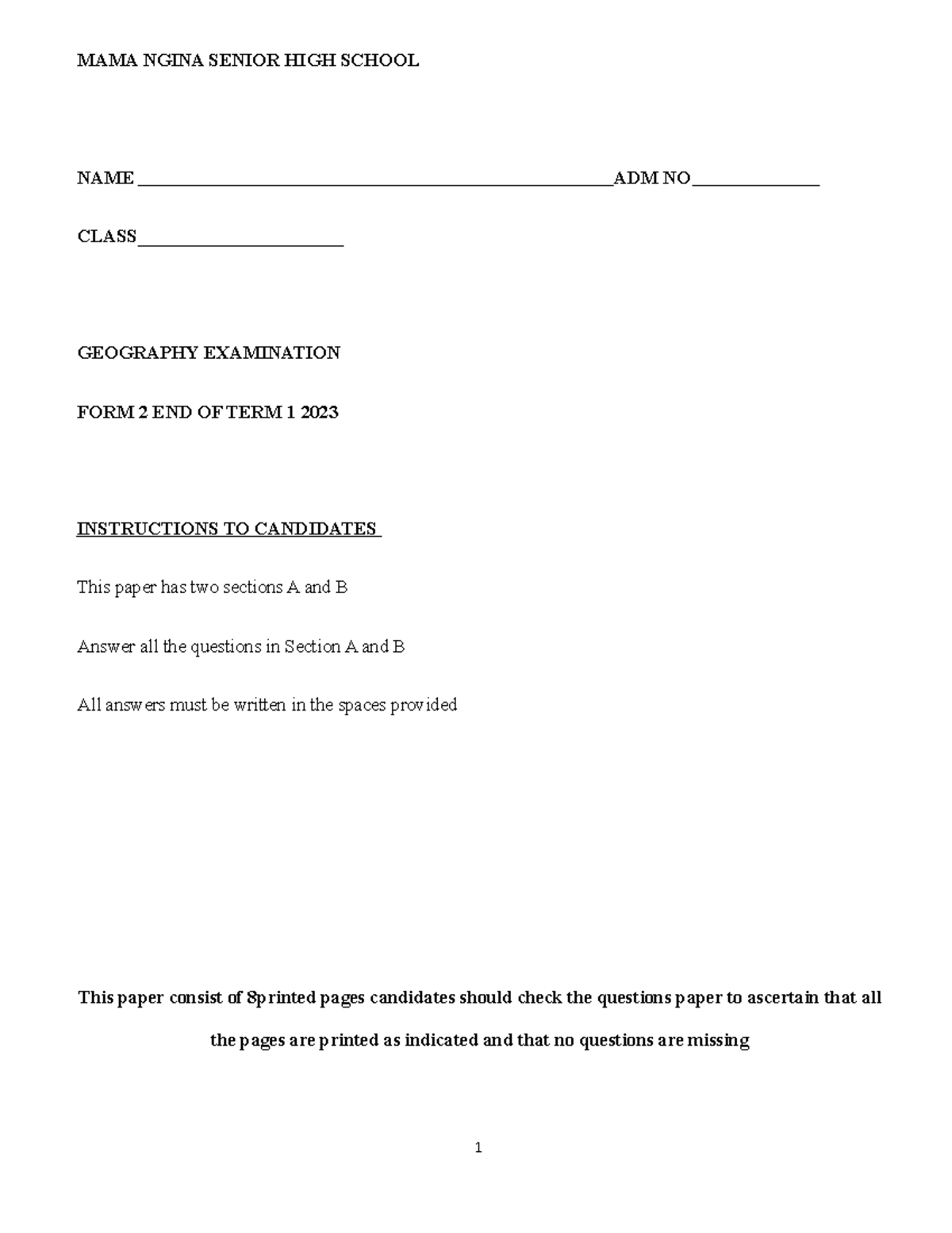 Geography TERM 1 Geography FORM 2 2022 END TERM 1 Teacher - MAMA NGINA ...