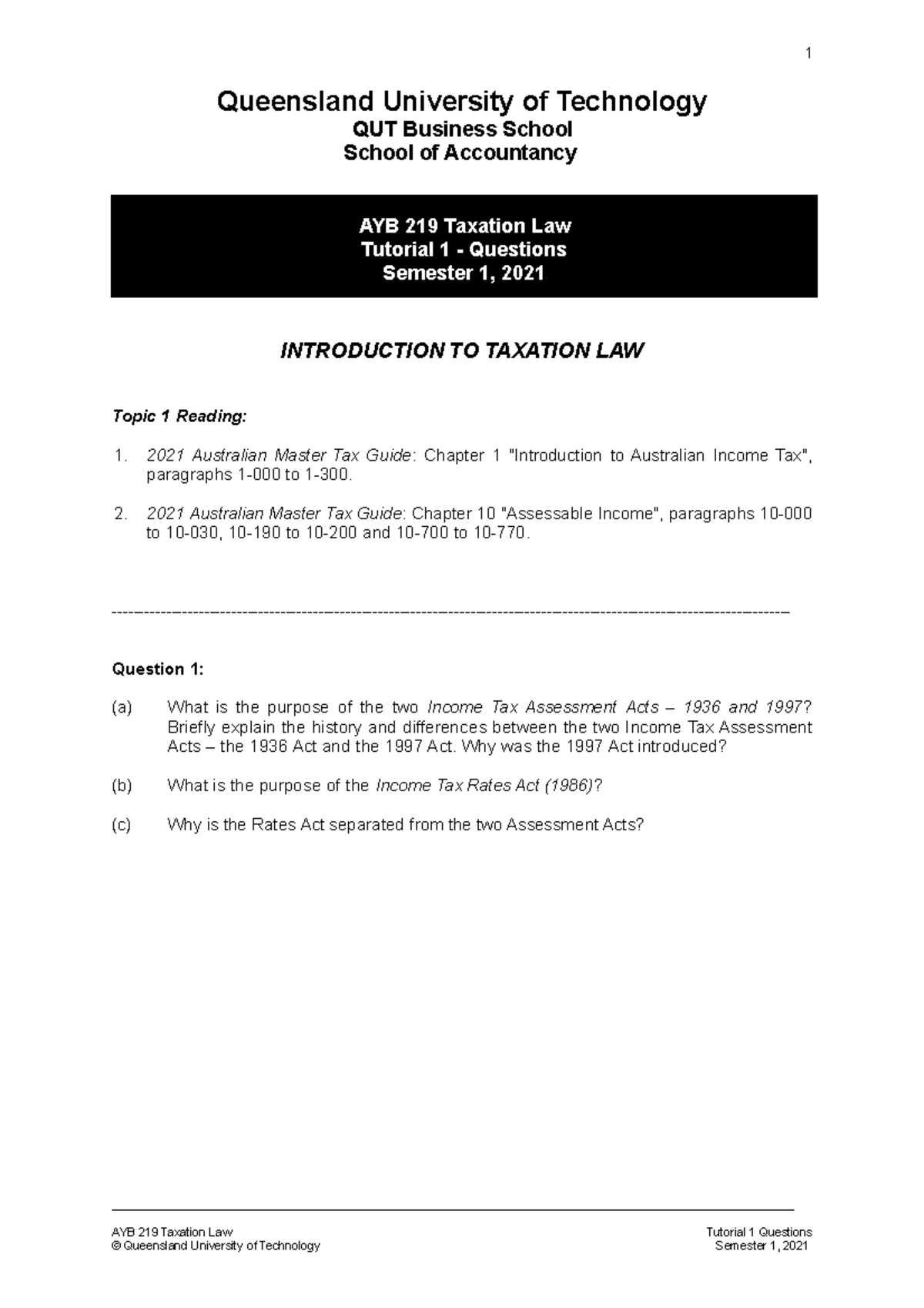 Tutorial 1 - notes to assit - Queensland University of Technology QUT ...