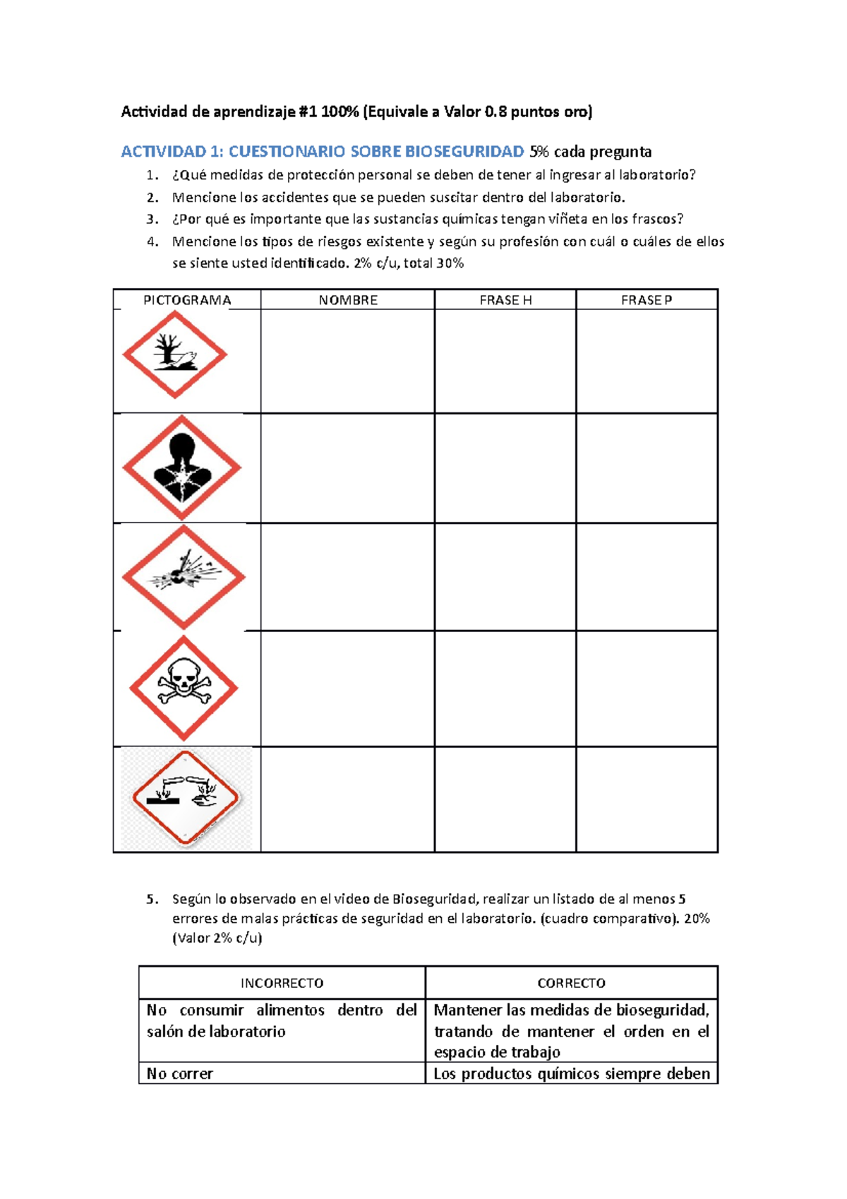 Cuestionario De Bioseguridad - Actividad De Aprendizaje #1 100% ...