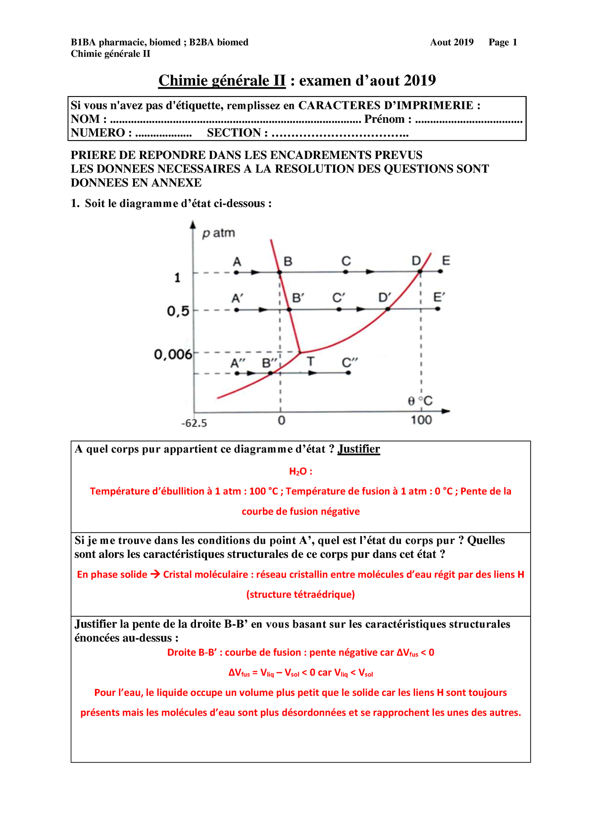 Examen - Aout 2019 - Correctif (11) - Chimie Générale II Chimie ...