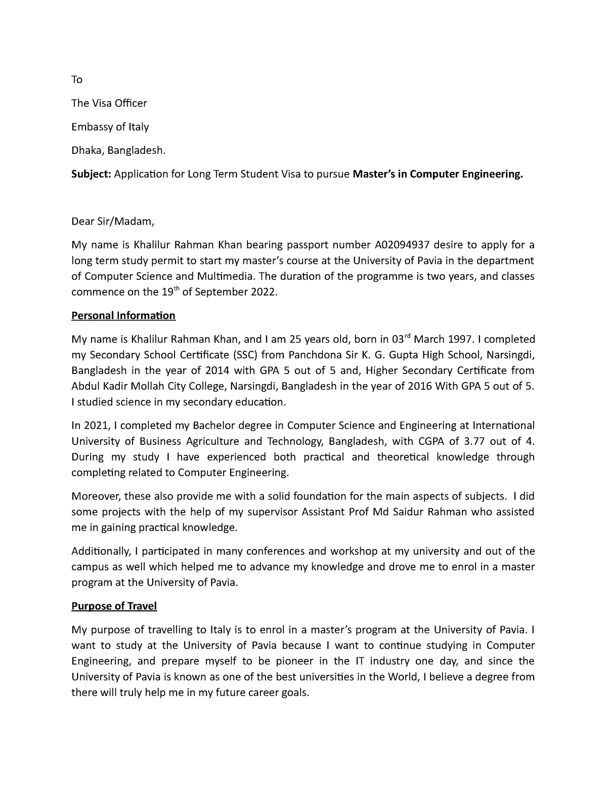 student visa cover letter italy