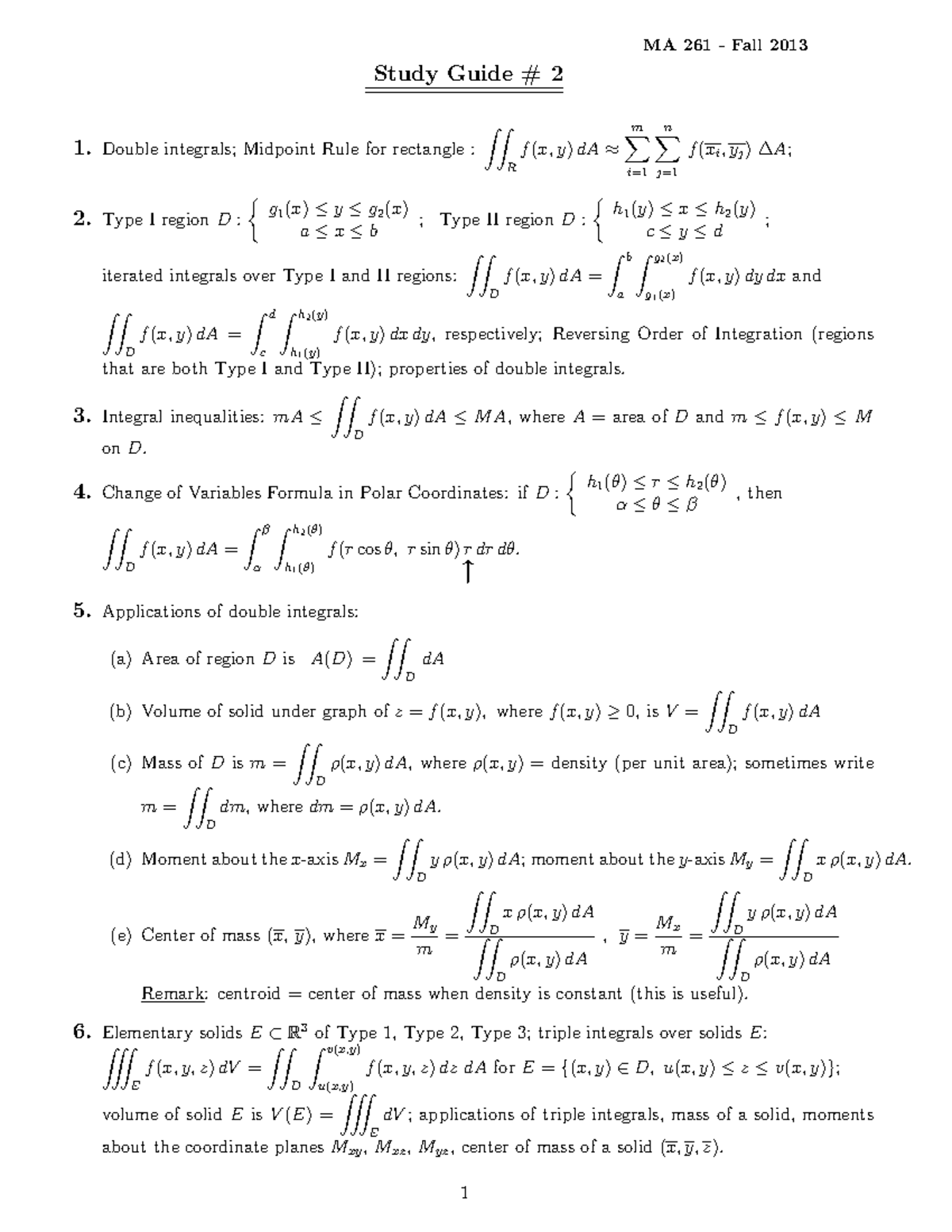 261-F13-sg2 - Summary Multivariate Calculus - MA 261 - Fall 2013 Study ...