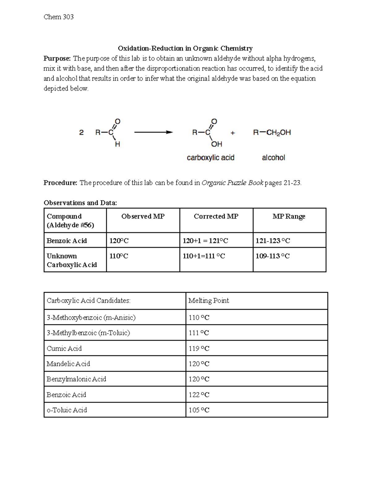 OxidationReduction Lab Report OxidationReduction in Organic