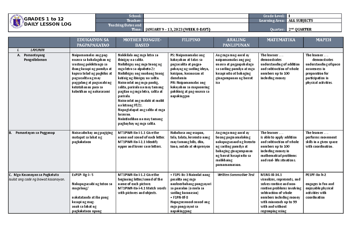 DLL ALL Subjects 1 Q2 W8 D5 - GRADES 1 to 12 DAILY LESSON LOG School ...