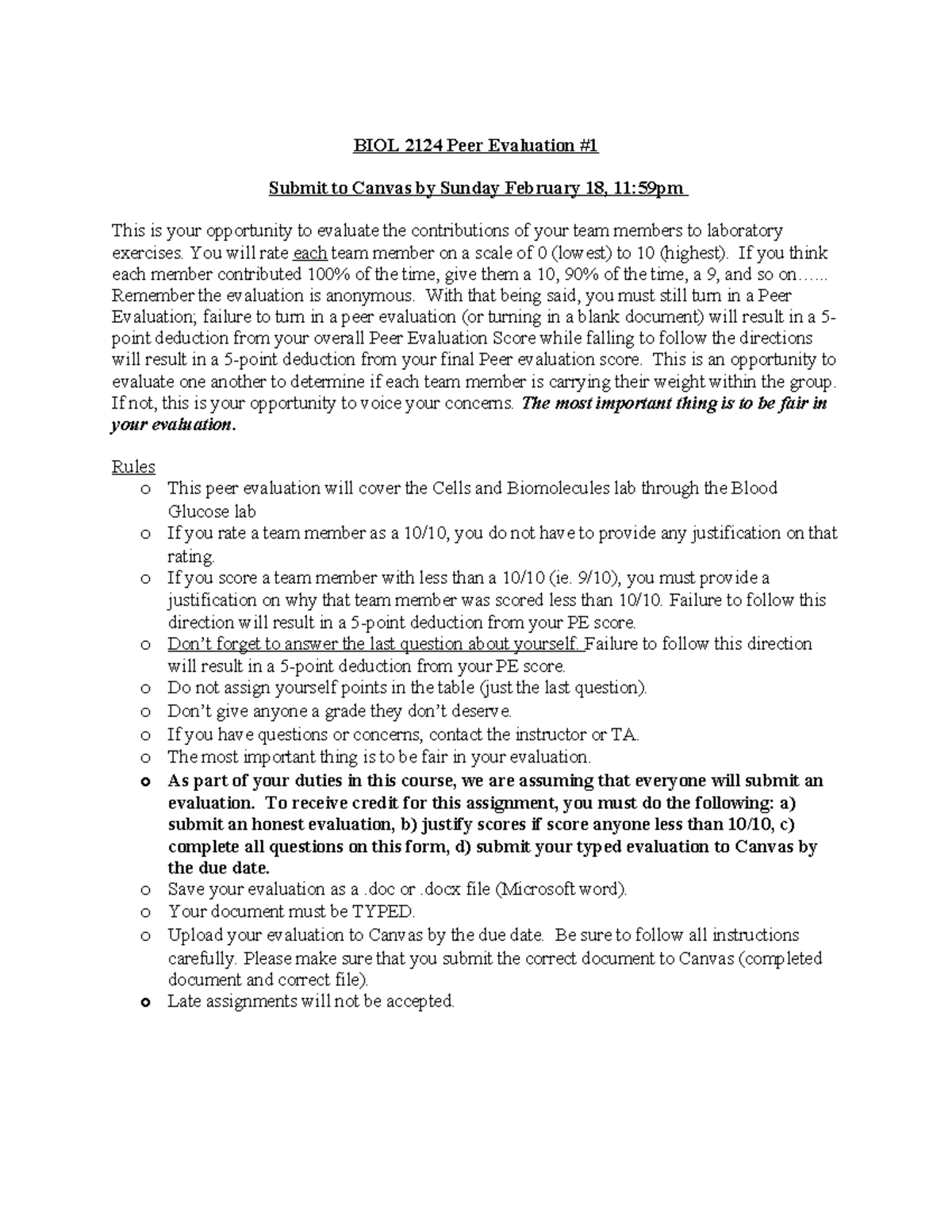 SP24 BIOL 2124 peer evaluation no 1 - BIOL 2124 Peer Evaluation ...