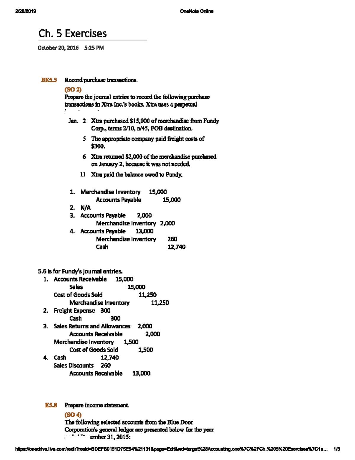 Chapter 5 Exercises - 2/28/2019 OneNote Online Ch. 5 Exercises October ...