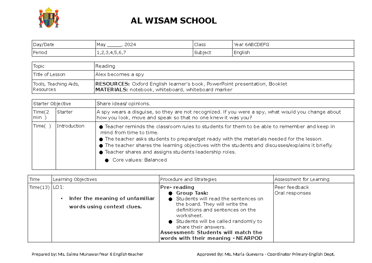 Alex becomes a spy - a reading about spys - AL WISAM SCHOOL Day/Date ...