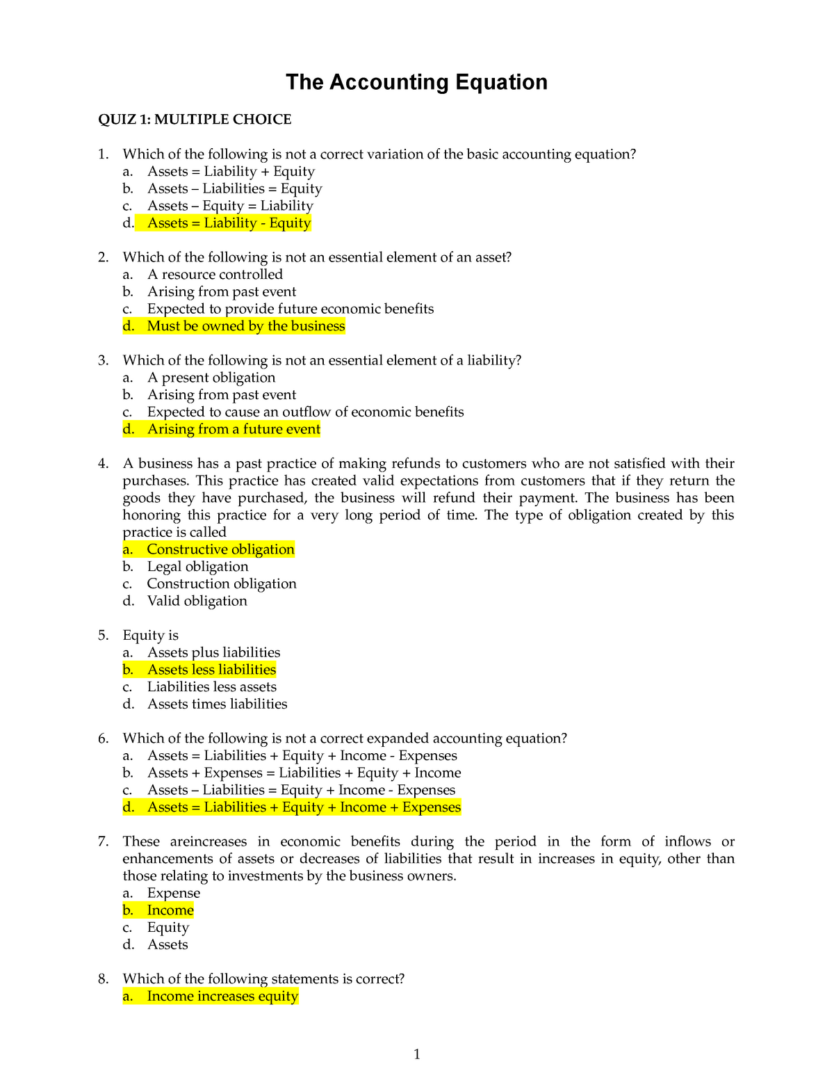 Accounting Equation Quiz - The Accounting Equation QUIZ 1: MULTIPLE ...